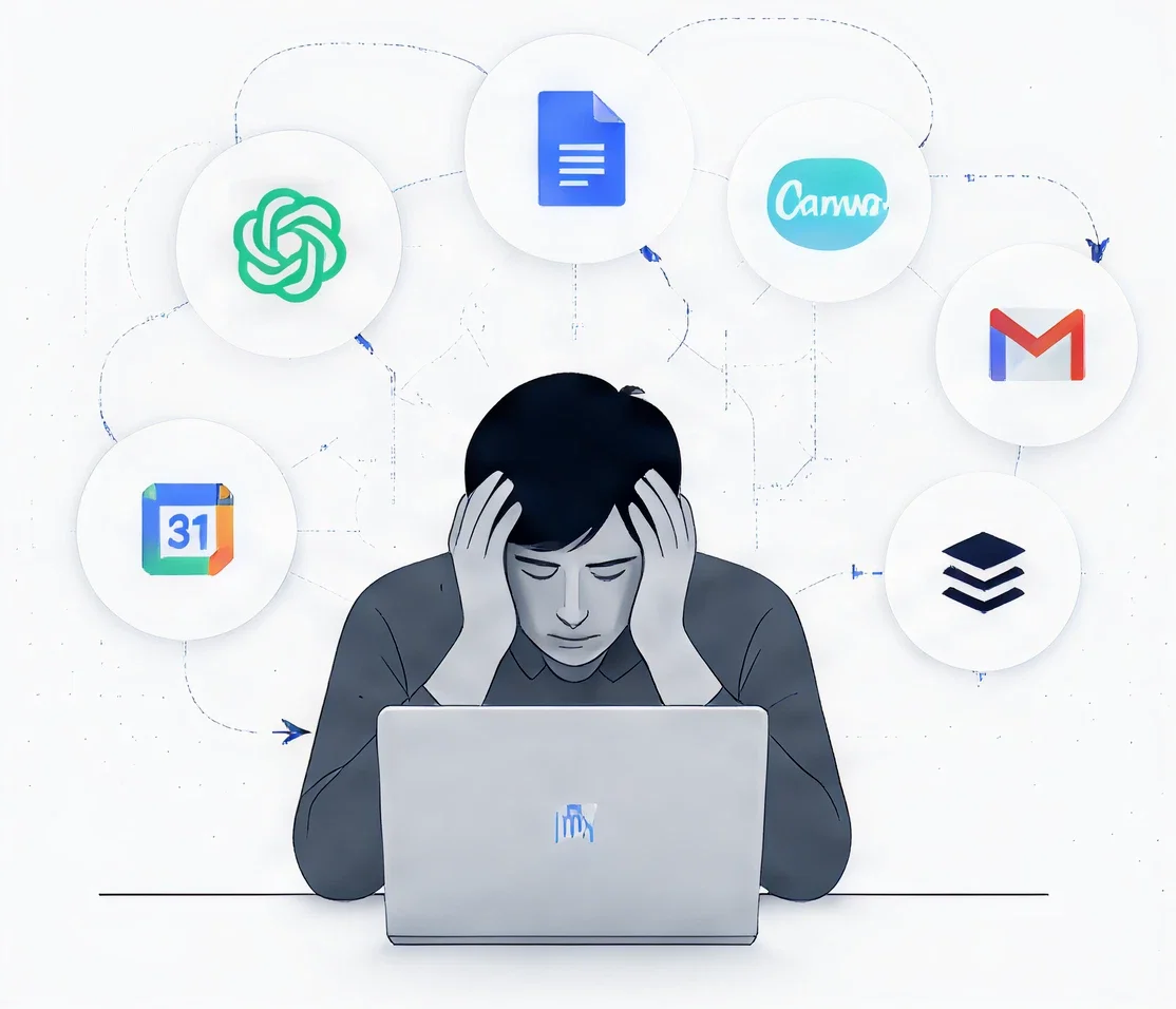 A marketing operator overwhelmed at a laptop, surrounded by floating app icons connected by dashed workflow lines