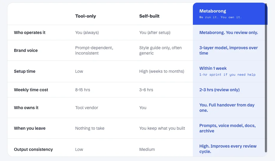 Comparison of tool-only, self-built, and Metaborong approaches